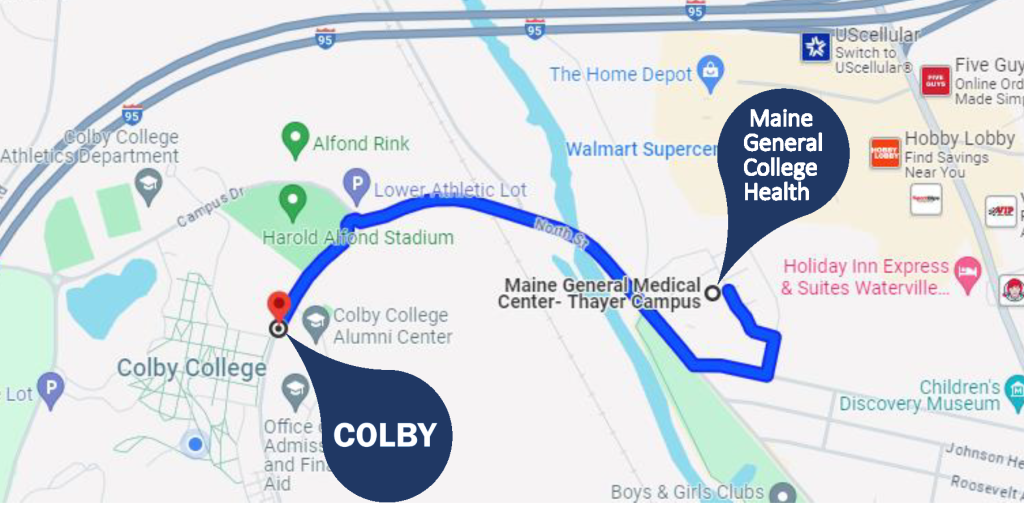 map of how to get from Colby's campus to MaineGeneral College Health